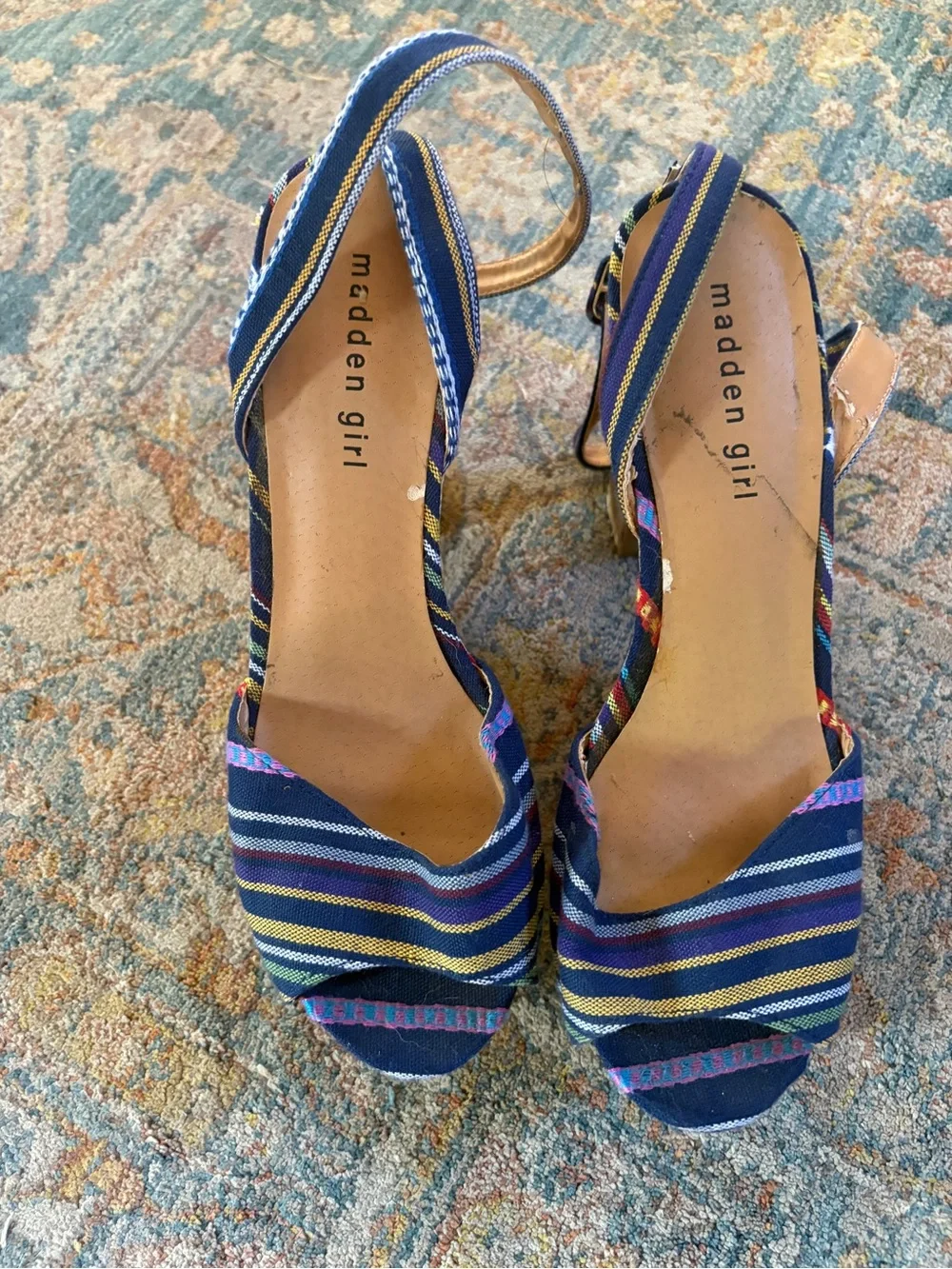 Madden Girl Striped Blue Fabric Platform Cork Heels